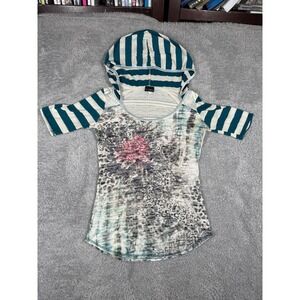 Daytrip Hooded Top Womens L Teal Leopard Floral Rhinestone Y2K Lace 10N93 USA